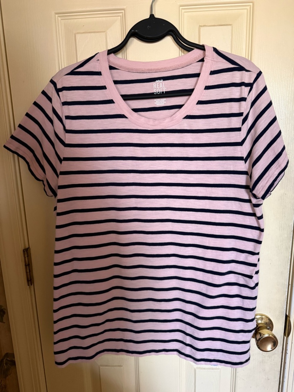 LOFT Pink and Navy Striped Short Sleeve Tee